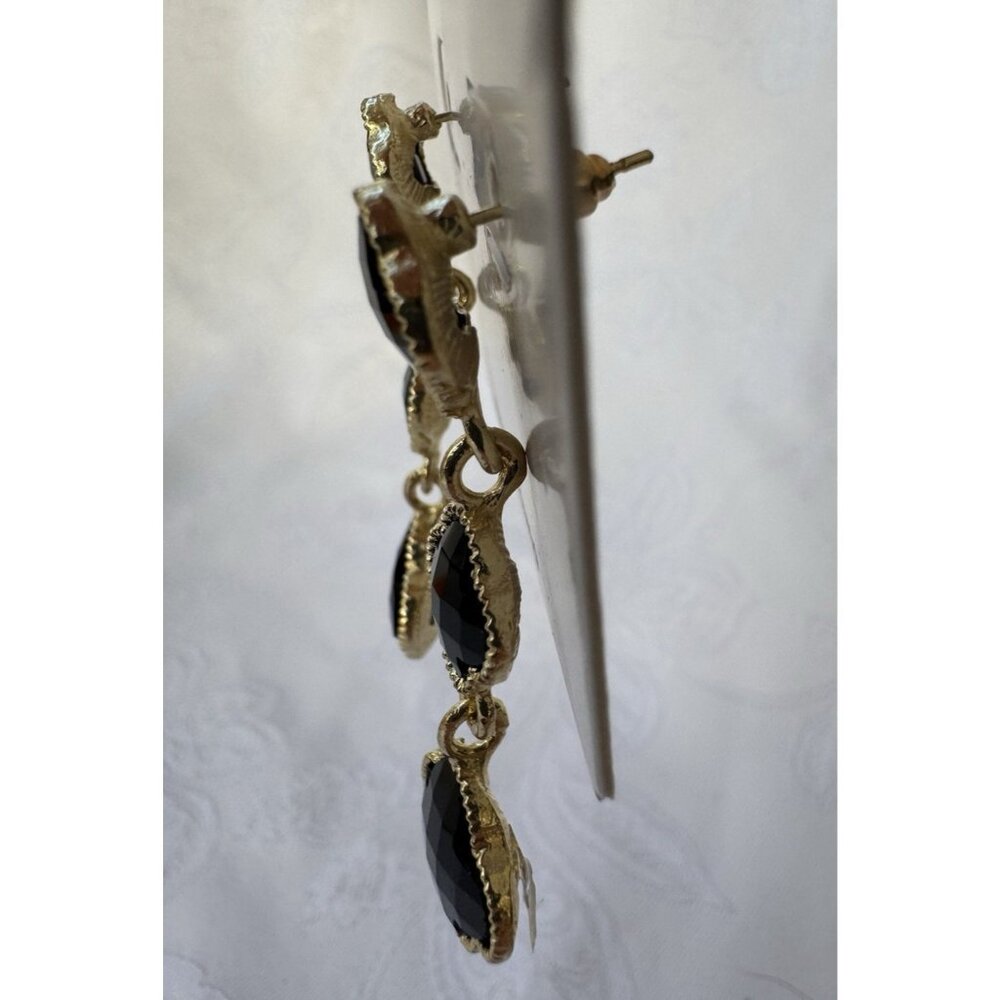 Black Goldtone 3 Clover Dangle Drop Fashion Costume Earrings NEW - Picture 5 of 6